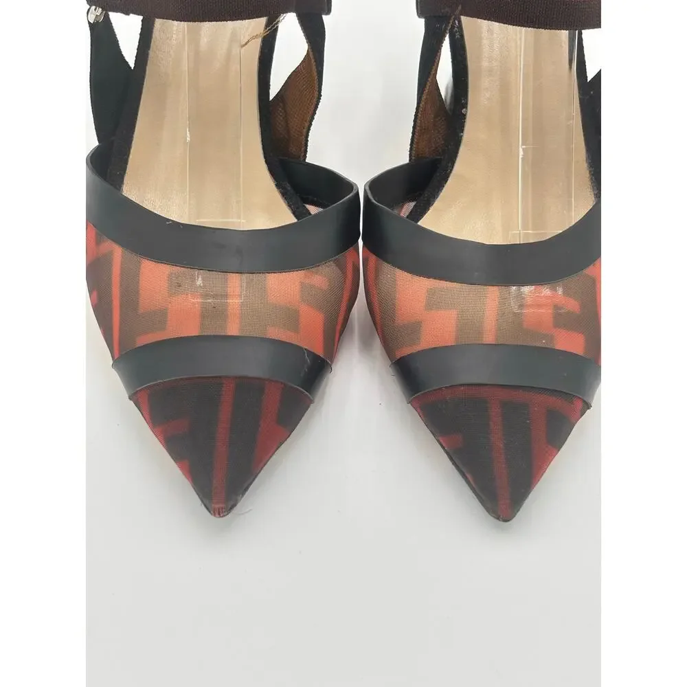 Fendi Colibri FF Monogram Mesh Slingback Kitten Heels Zucca Brown Pumps Size 39